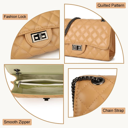 Gladdon Quilted Leather Crossbody Purse for Women Trendy Ladies Shoulder Bag with Chain Designer Purses Light Khaki I